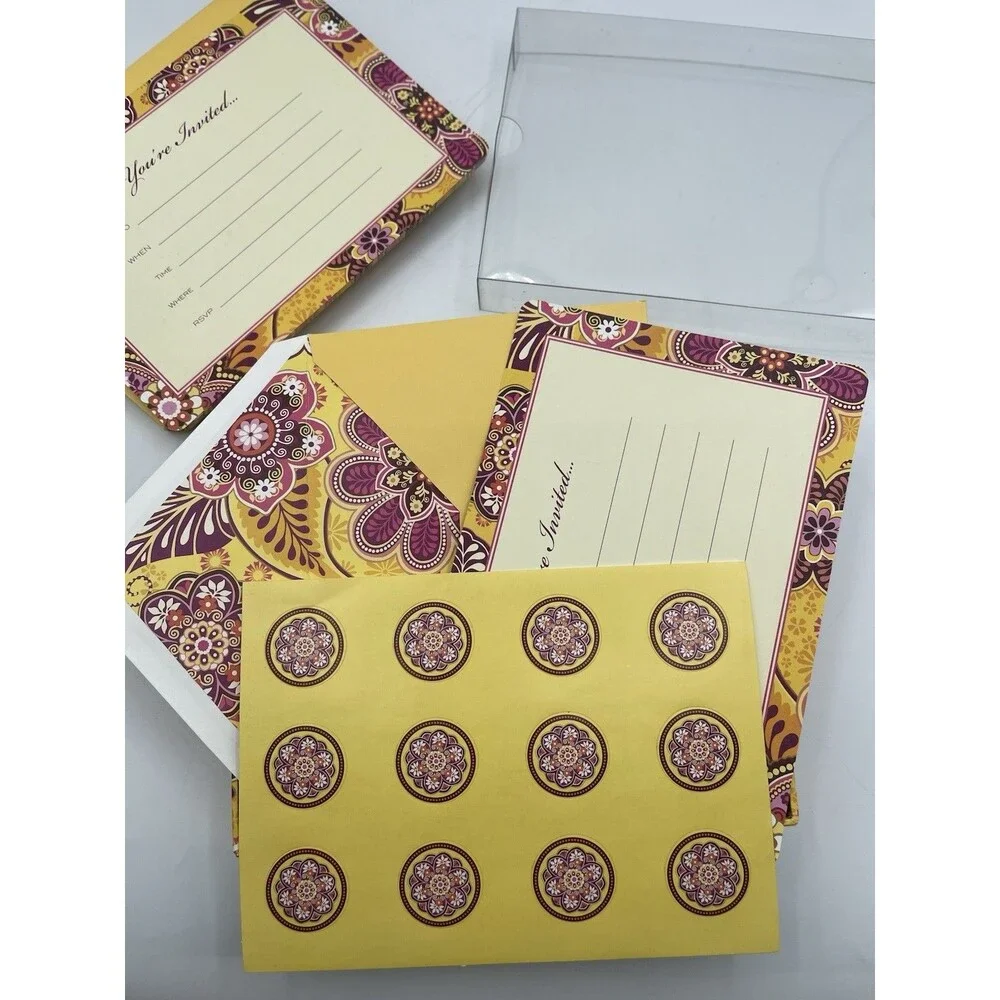 Vera Bradley 12 Fill-In Invitations w/ Envelopes & Closure Stickers - Bali Gold